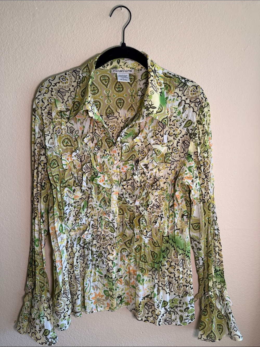 🛑***SOLD***NOTATIONS Green and Cream Paisley Button-Down Blouse
